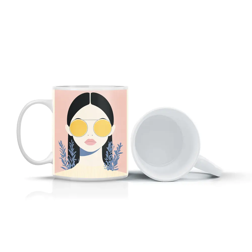 Minimal Woman Portrait Yellow Sunglasses Pink Background – Mugs