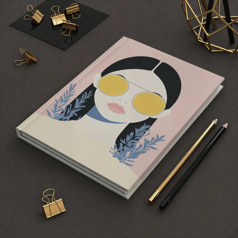 Minimal Woman Portrait Yellow Sunglasses Pink Background – Notebooks