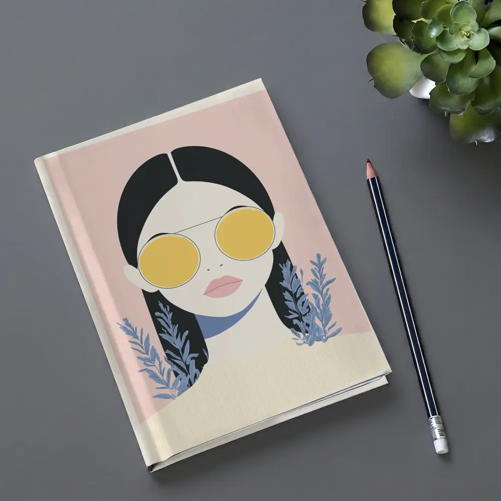 Minimal Woman Portrait Yellow Sunglasses Pink Background – Notebooks