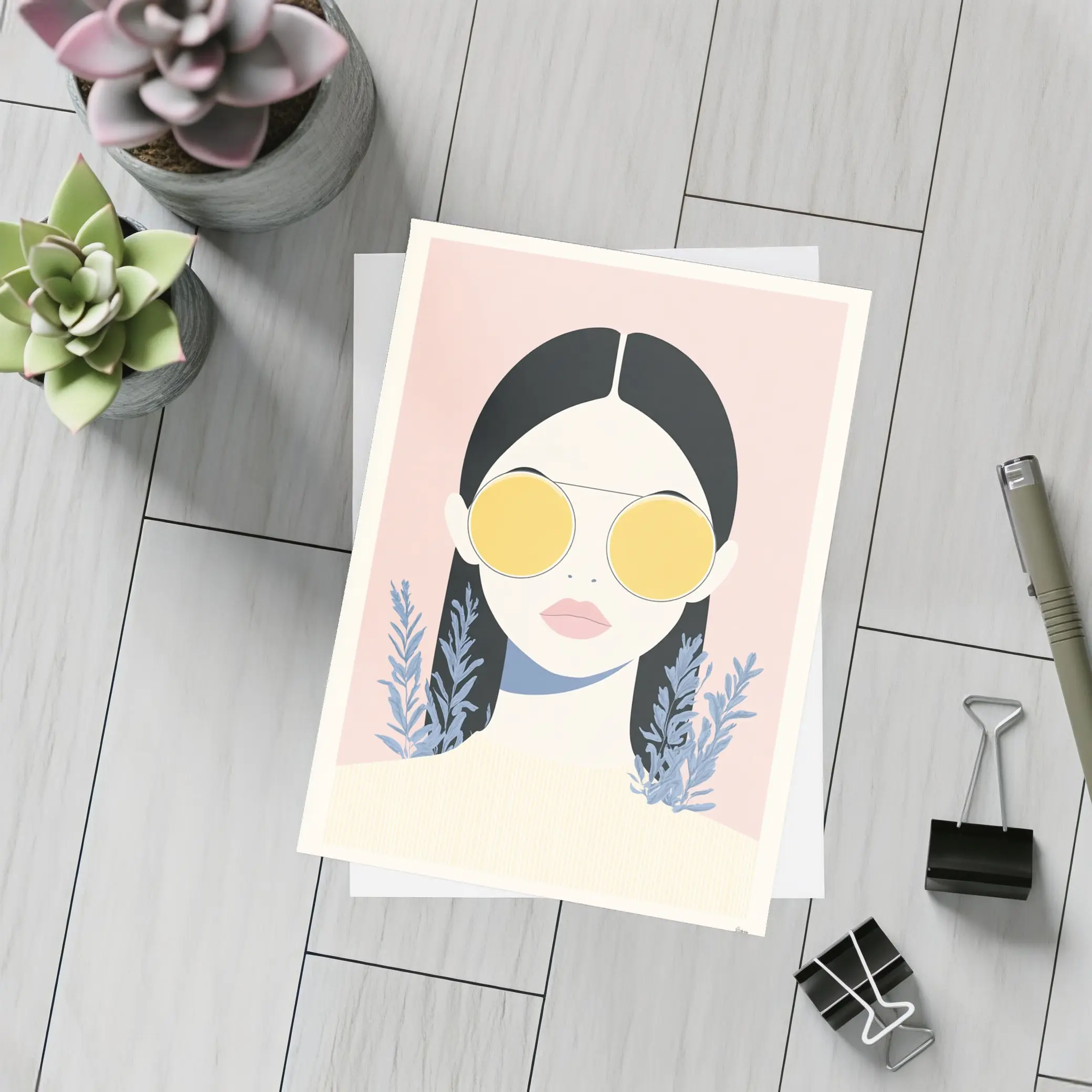 Minimal Woman Portrait Yellow Sunglasses Pink Background – Postcards