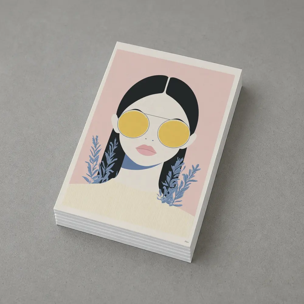 Minimal Woman Portrait Yellow Sunglasses Pink Background – Postcards