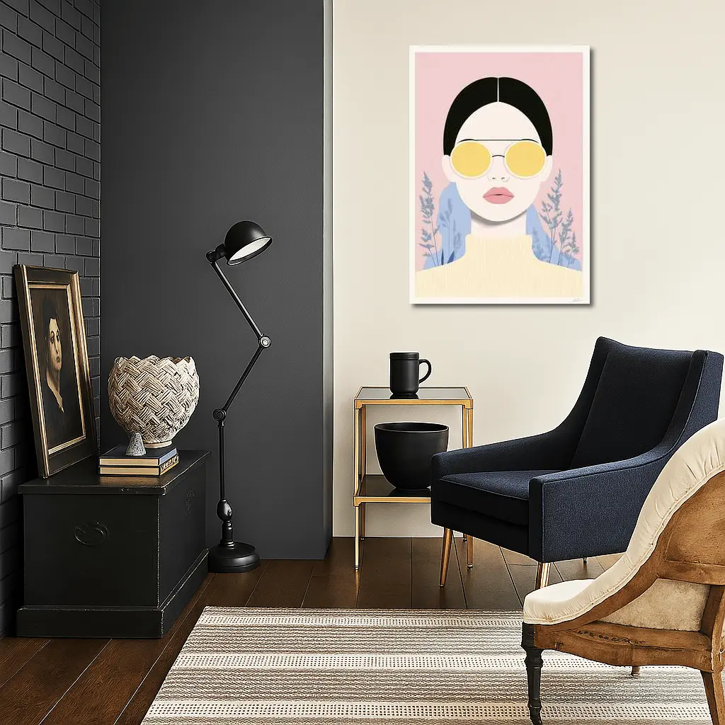 Fashion Woman Yellow Sunglasses Pink Floral Background – Wall Art