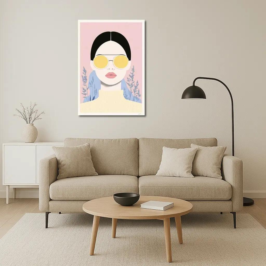 Fashion Woman Yellow Sunglasses Pink Floral Background – Wall Art