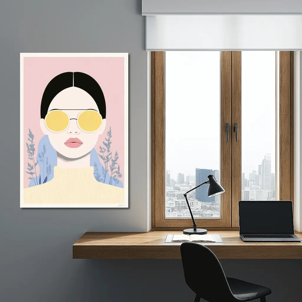 Fashion Woman Yellow Sunglasses Pink Floral Background – Wall Art
