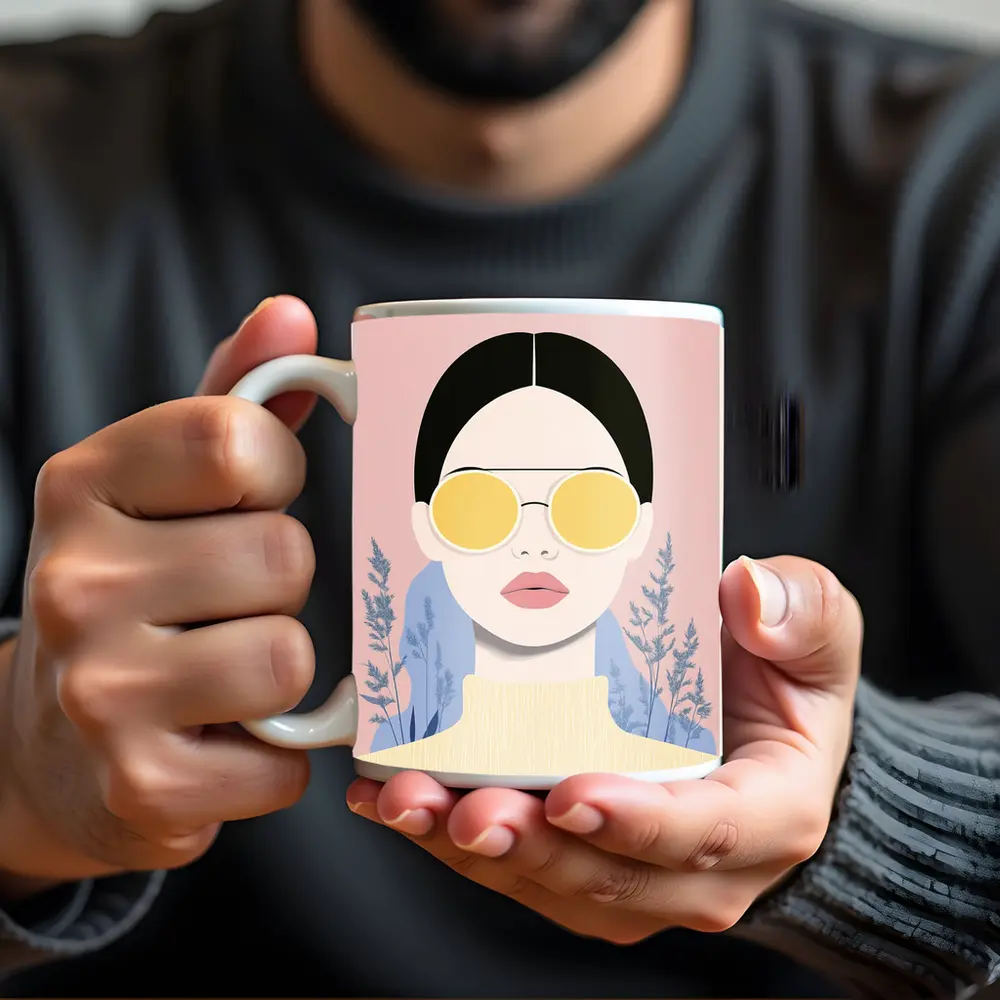 Fashion Woman Yellow Sunglasses Pink Floral Background – Mugs