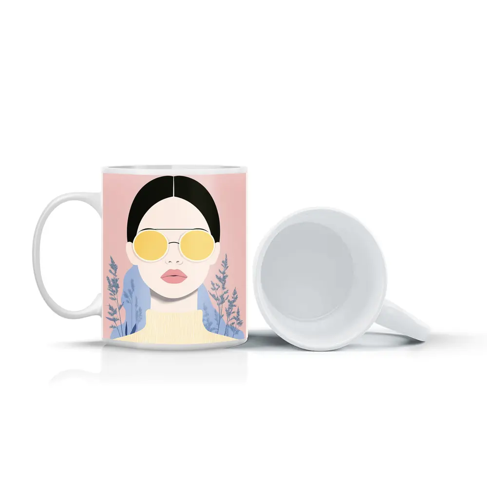Fashion Woman Yellow Sunglasses Pink Floral Background – Mugs