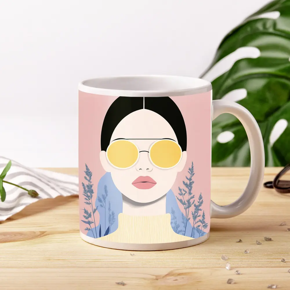 Fashion Woman Yellow Sunglasses Pink Floral Background – Mugs