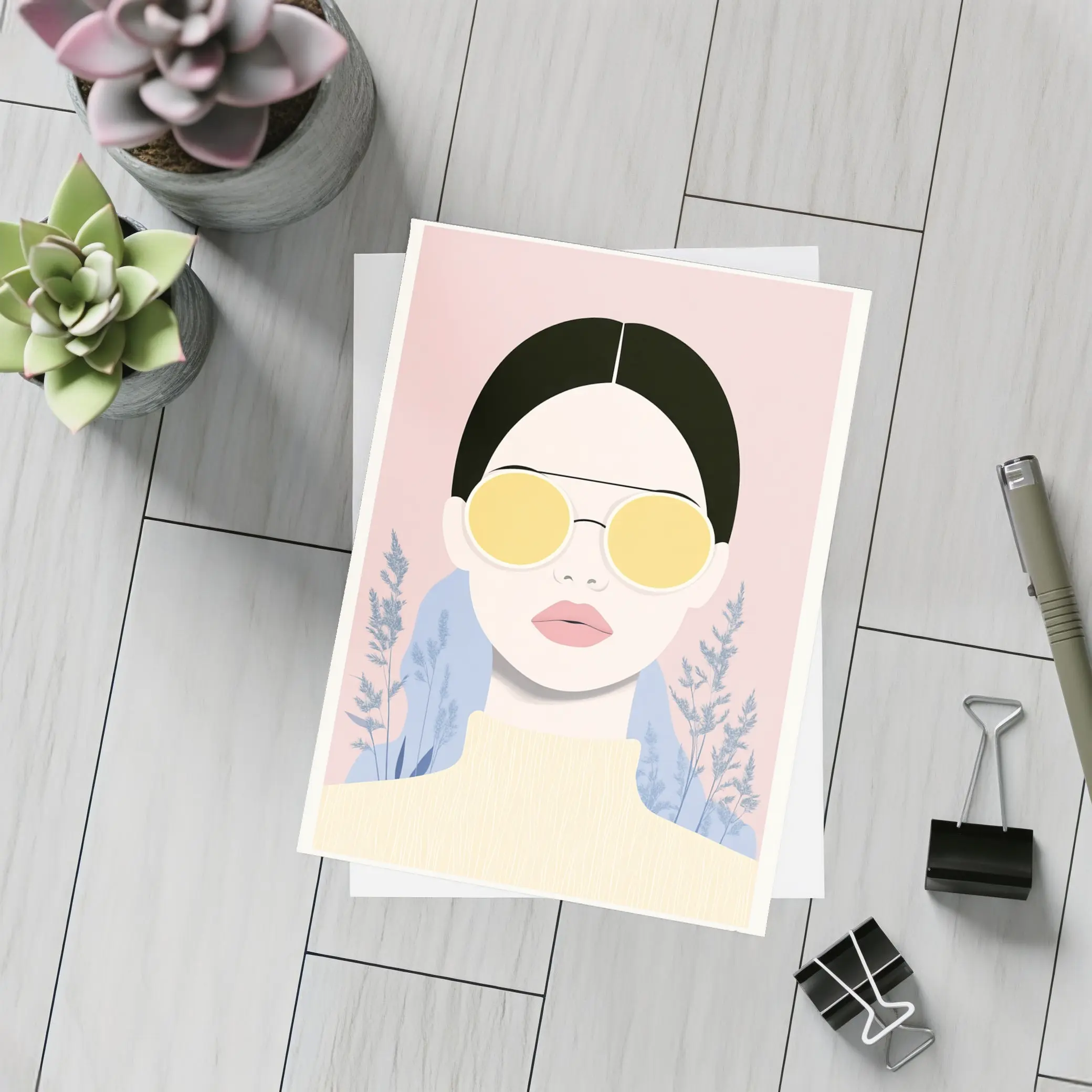 Fashion Woman Yellow Sunglasses Pink Floral Background – Postcards