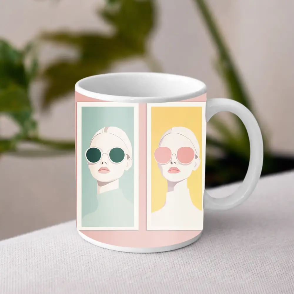 Minimalist Fashion Women Sunglasses Pastel Portrait – Mugs