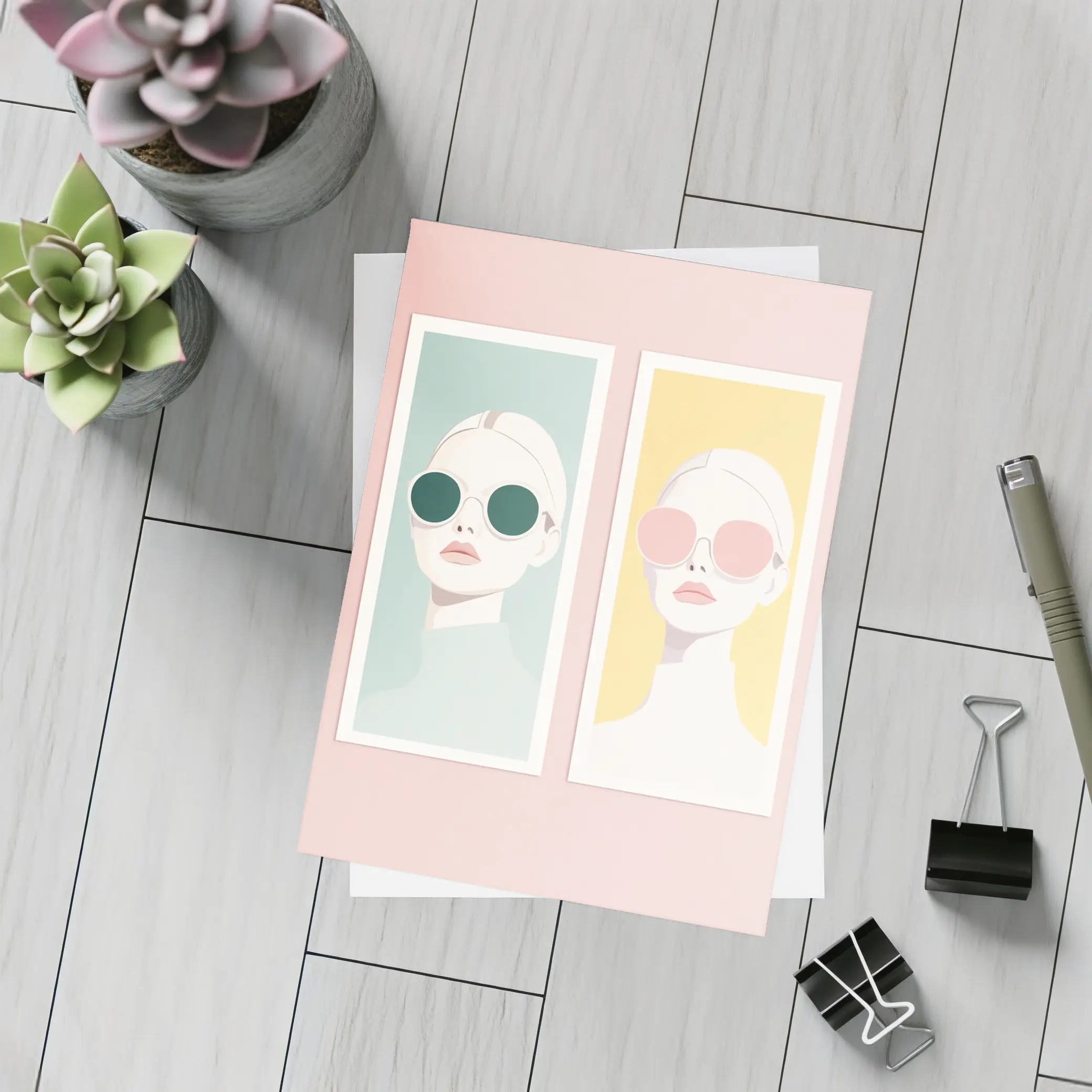 Minimalist Fashion Women Sunglasses Pastel Portrait – Postcards