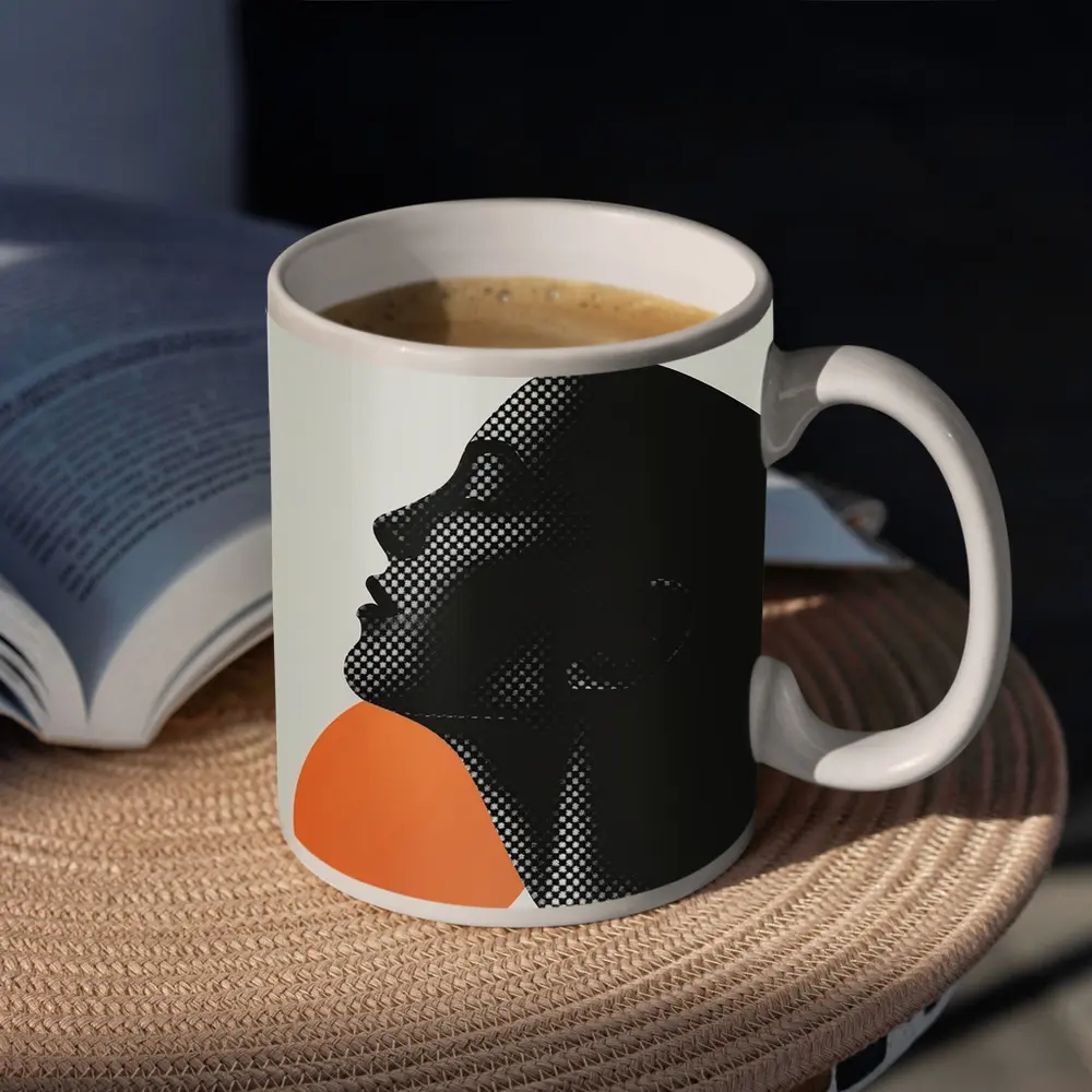 Black Female Silhouette Orange Sun Halftone – Mugs