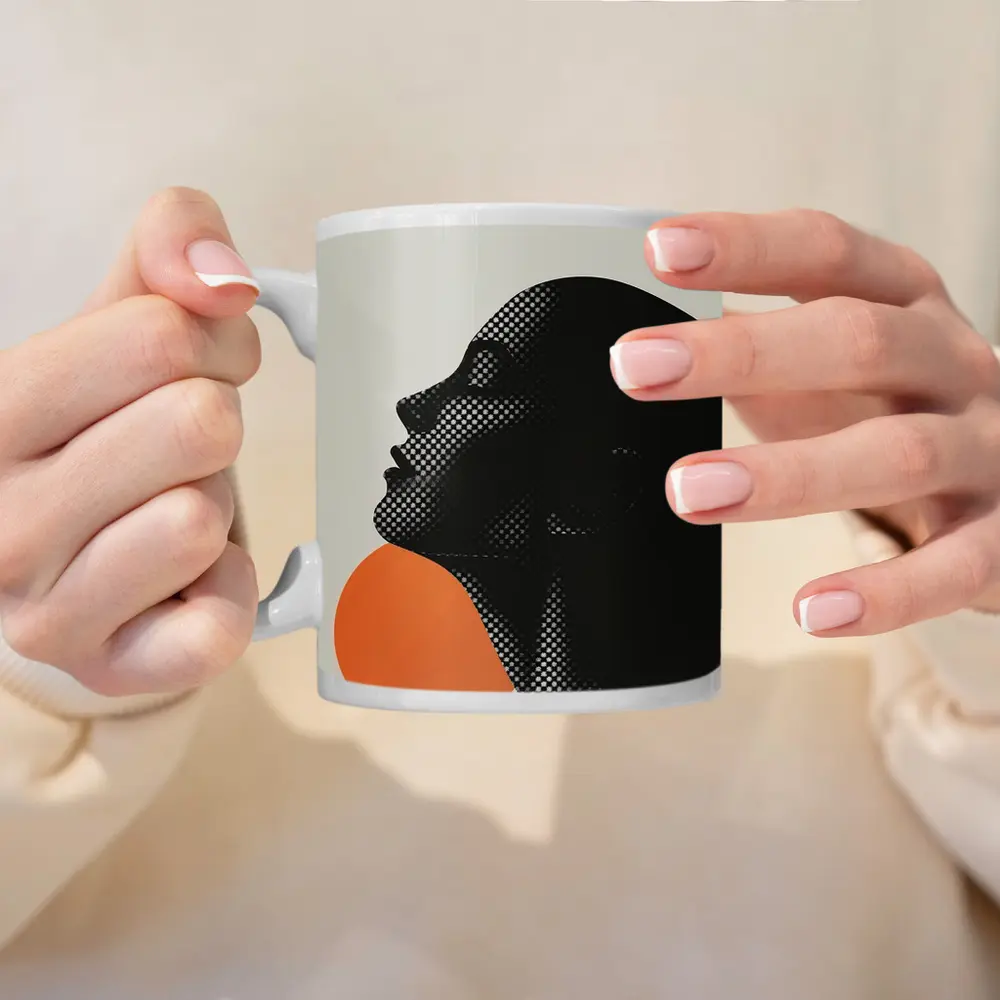 Black Female Silhouette Orange Sun Halftone – Mugs