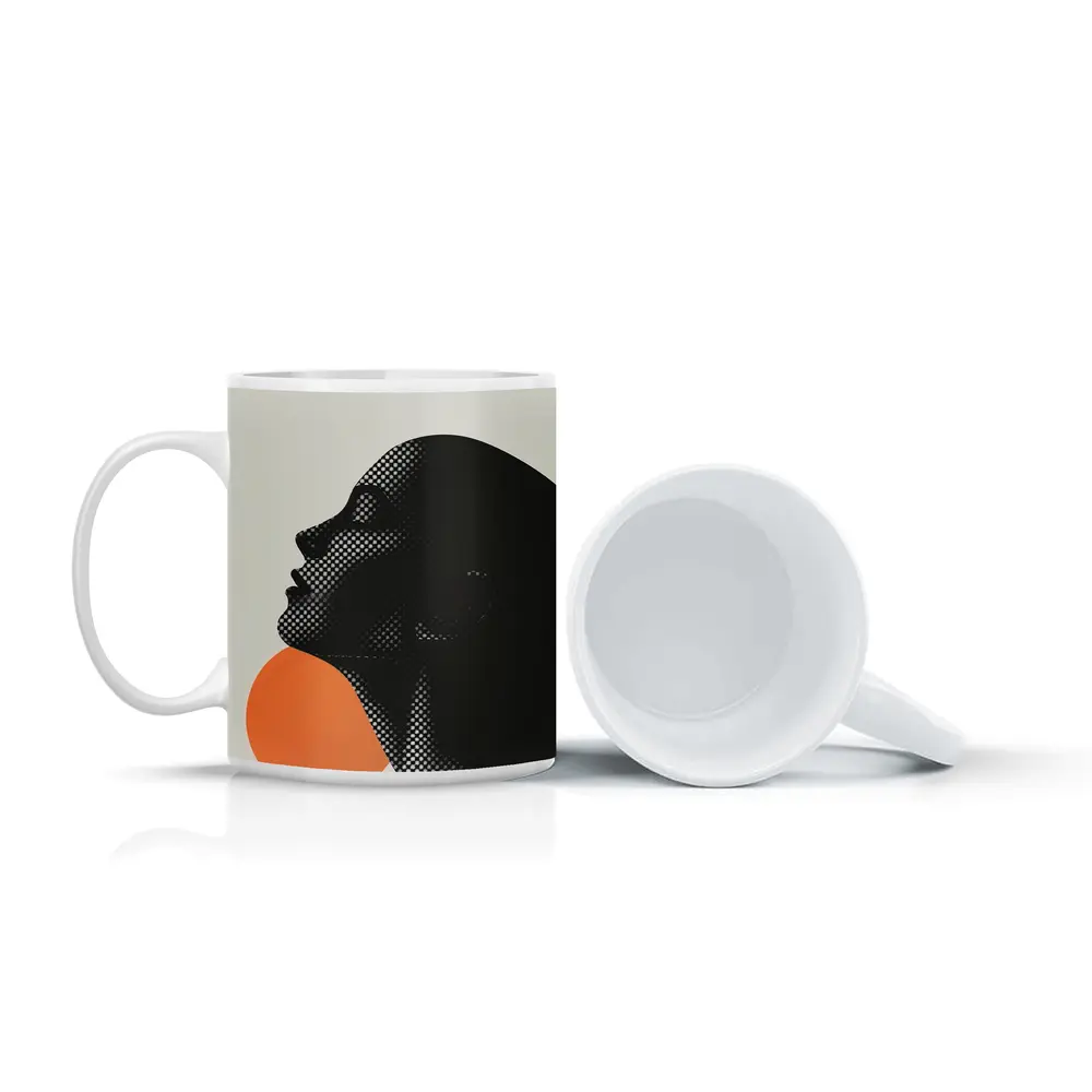 Black Female Silhouette Orange Sun Halftone – Mugs