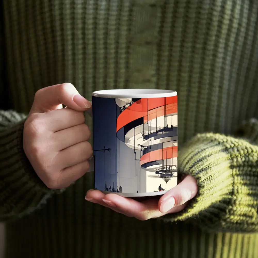 Futuristic Architecture Spiral Building Cyclist Below – Mugs
