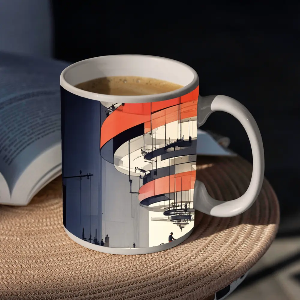 Futuristic Architecture Spiral Building Cyclist Below – Mugs