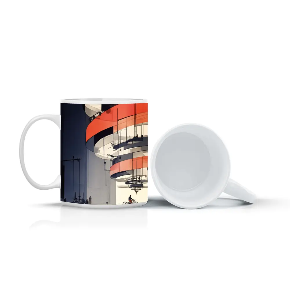 Futuristic Architecture Spiral Building Cyclist Below – Mugs