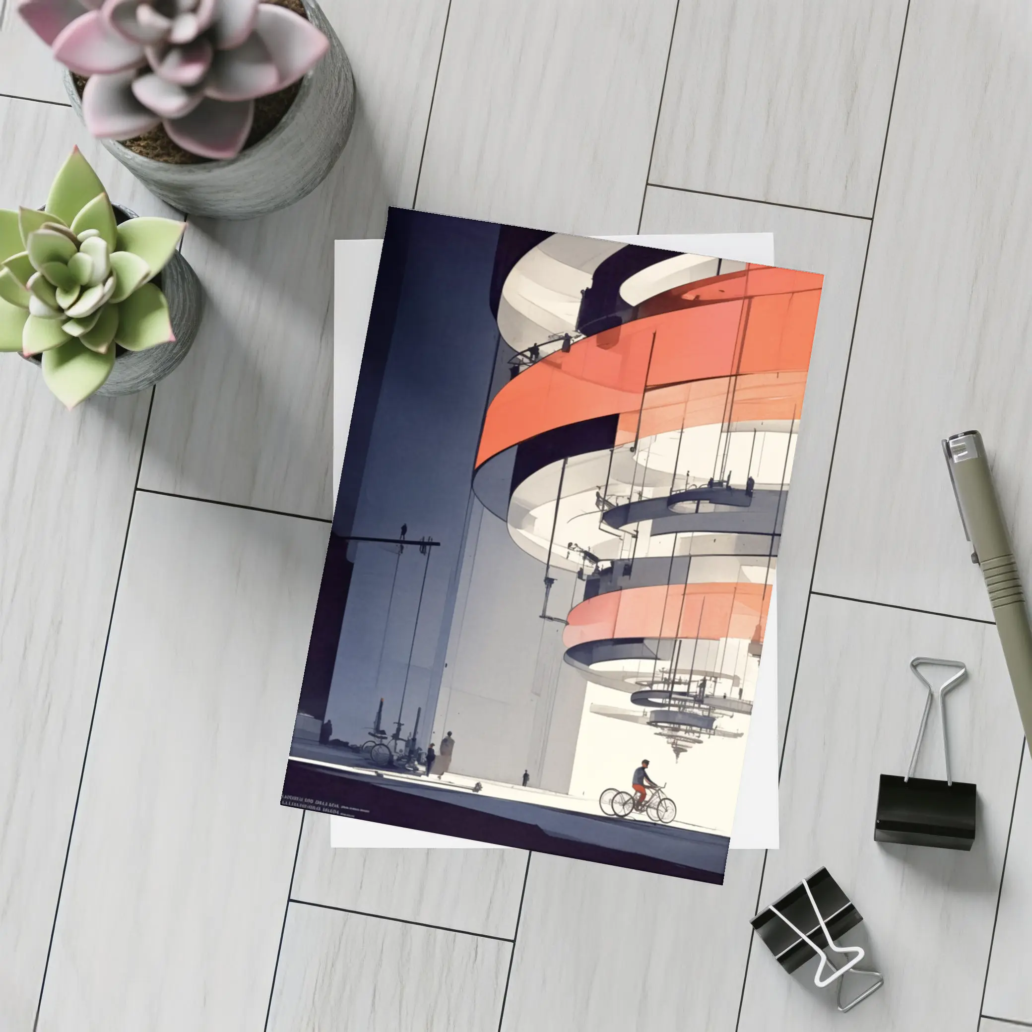 Futuristic Architecture Spiral Building Cyclist Below – Postcards