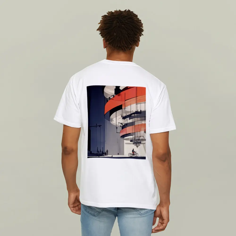Futuristic Architecture Spiral Building Cyclist Below – T-Shirts