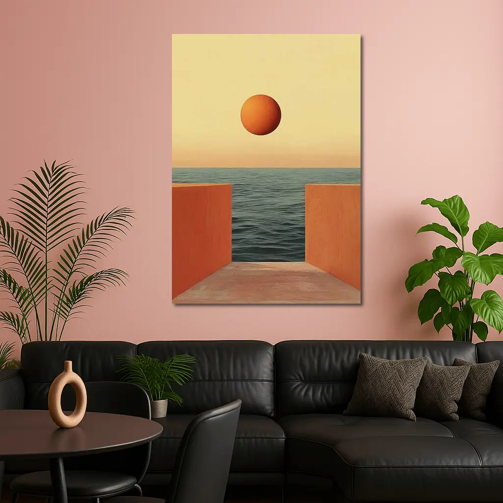 Minimalist Orange Sun Over Calm Ocean – Wall Art