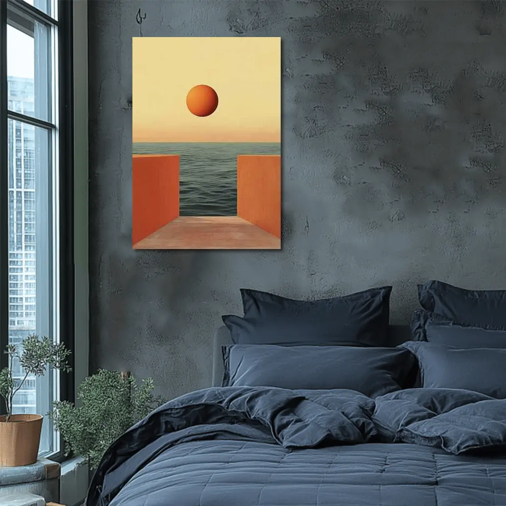 Minimalist Orange Sun Over Calm Ocean – Wall Art
