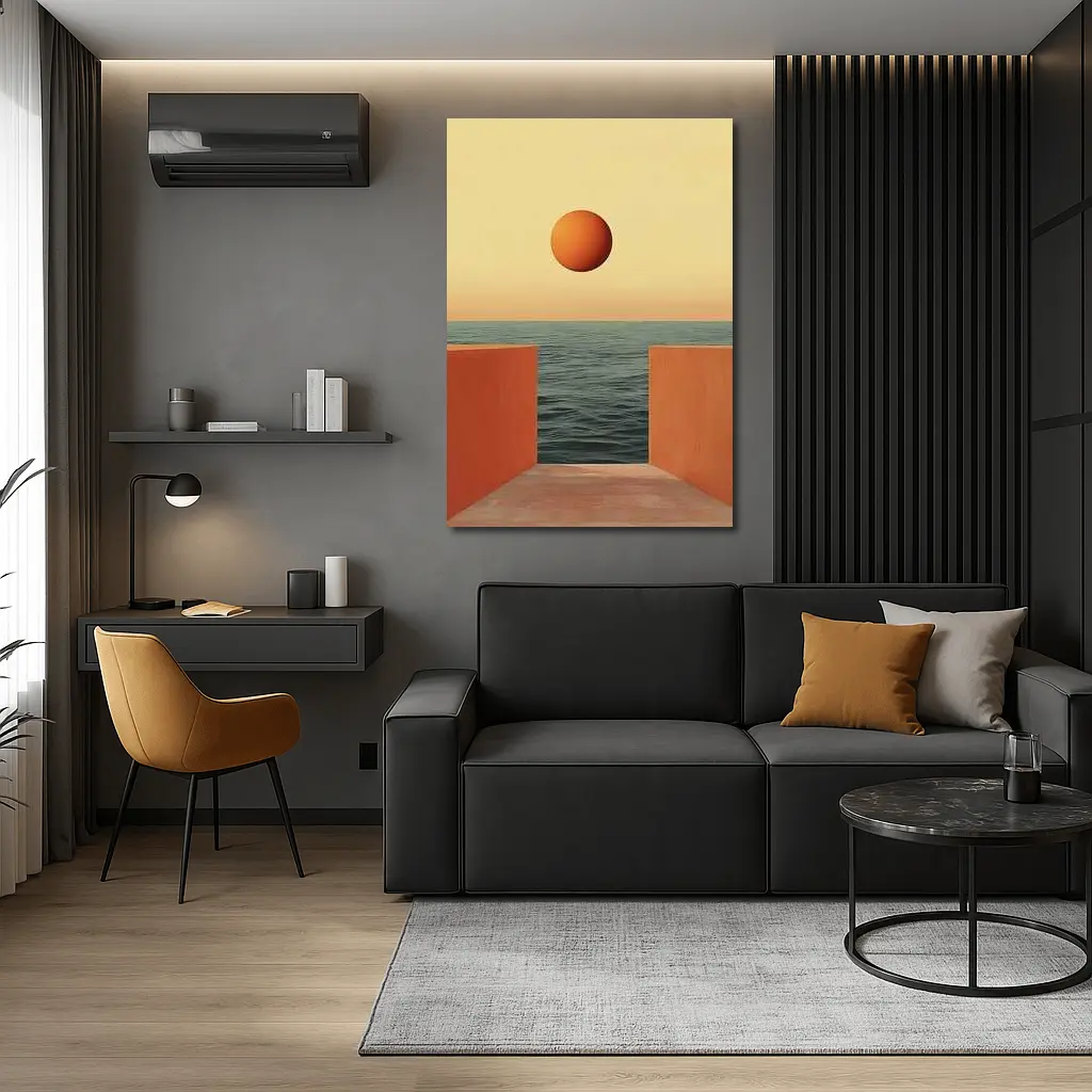 Minimalist Orange Sun Over Calm Ocean – Wall Art