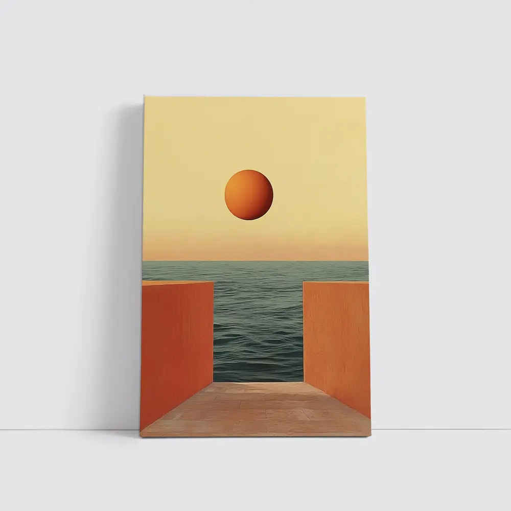 Minimalist Orange Sun Over Calm Ocean – Wall Art