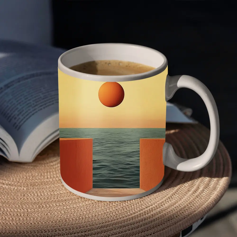 Minimalist Orange Sun Over Calm Ocean – Mugs