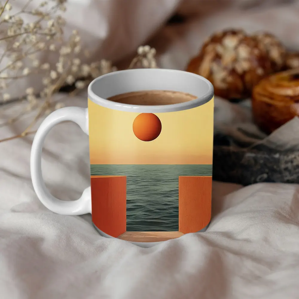 Minimalist Orange Sun Over Calm Ocean – Mugs