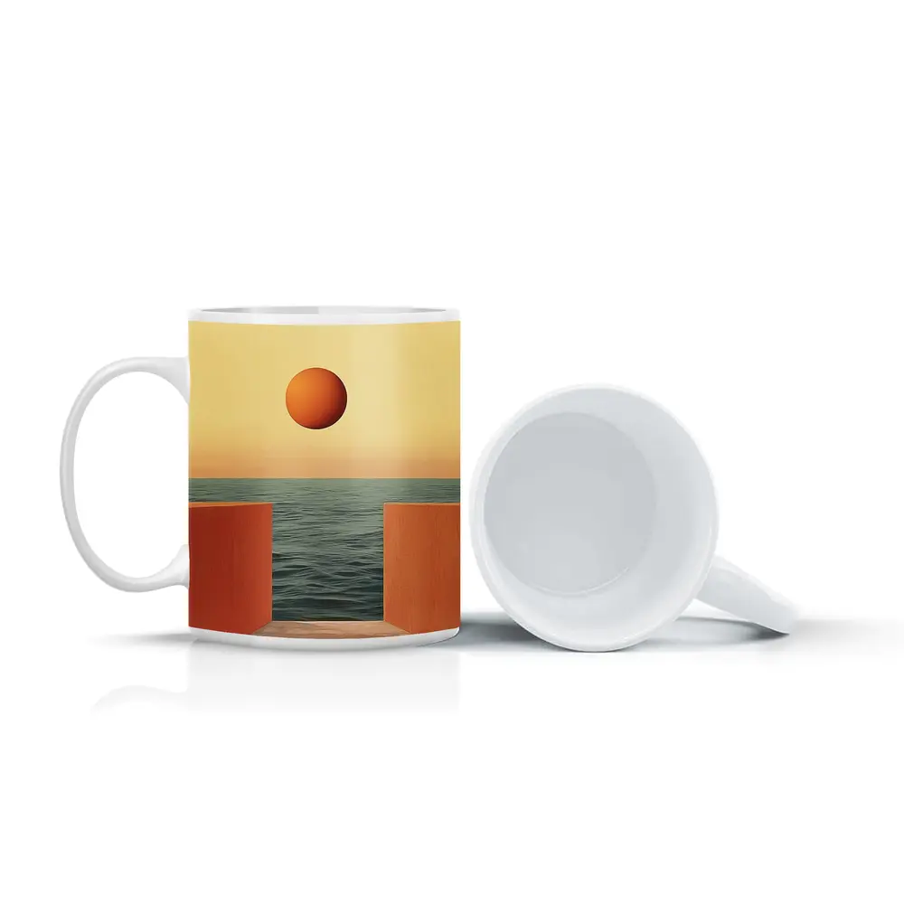 Minimalist Orange Sun Over Calm Ocean – Mugs