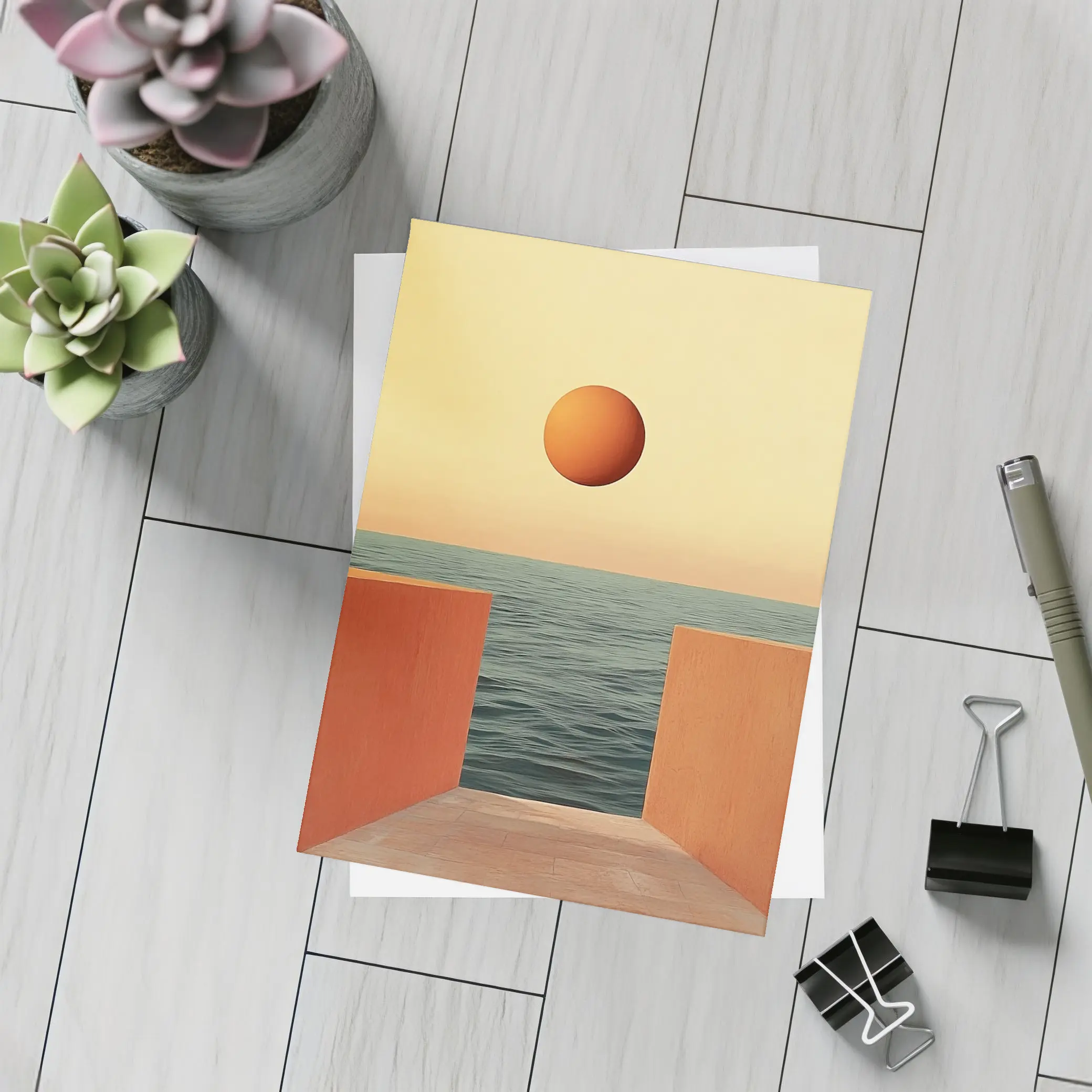 Minimalist Orange Sun Over Calm Ocean – Postcards