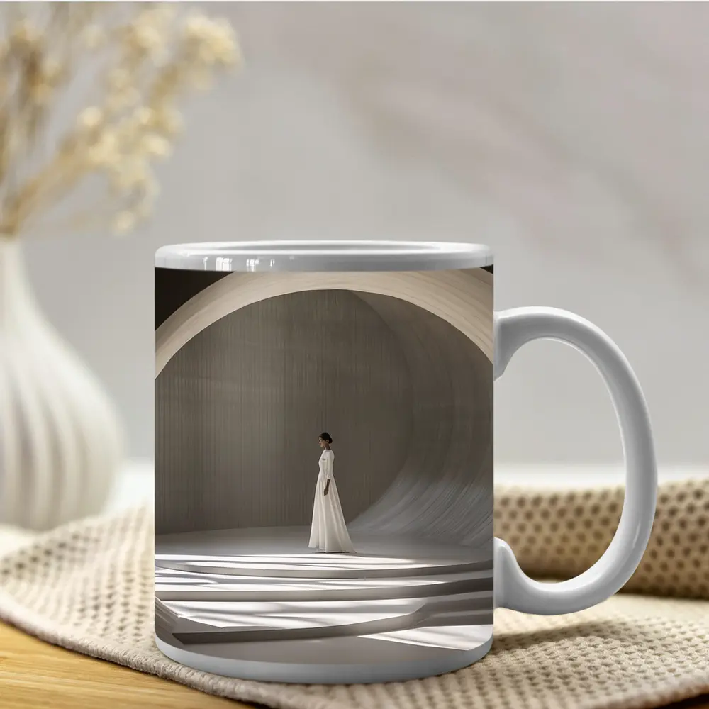 Woman White Dress Minimalist Arch Architecture – Mugs