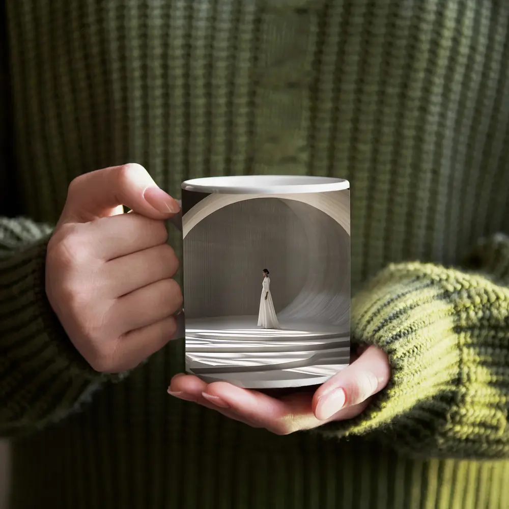 Woman White Dress Minimalist Arch Architecture – Mugs