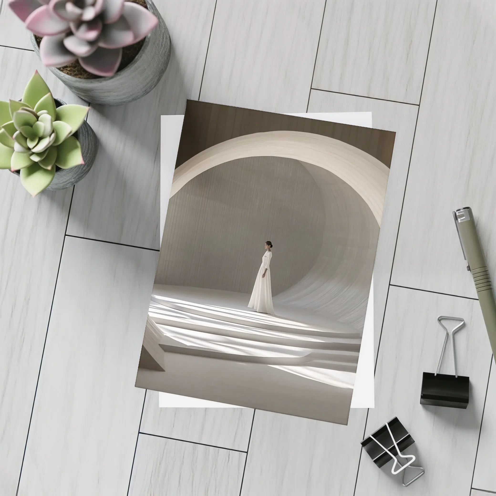Woman White Dress Minimalist Arch Architecture – Postcards