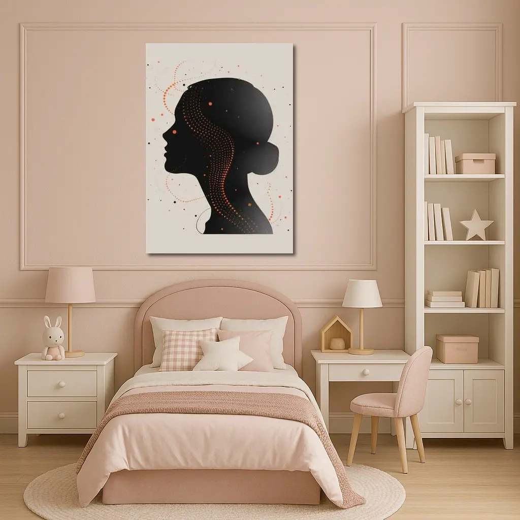 Black Female Silhouette Portrait Orange Dots Abstract – Wall Art