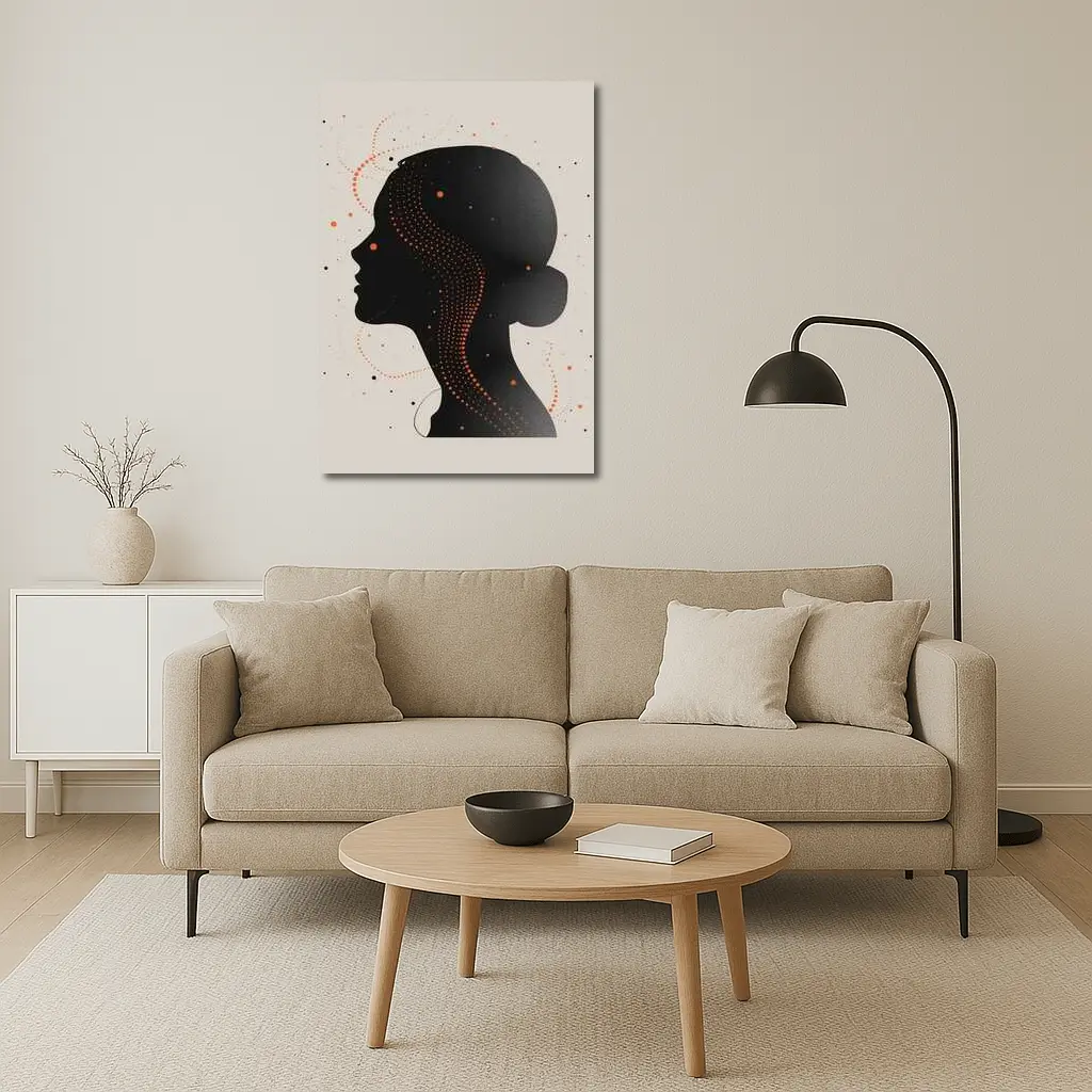 Black Female Silhouette Portrait Orange Dots Abstract – Wall Art