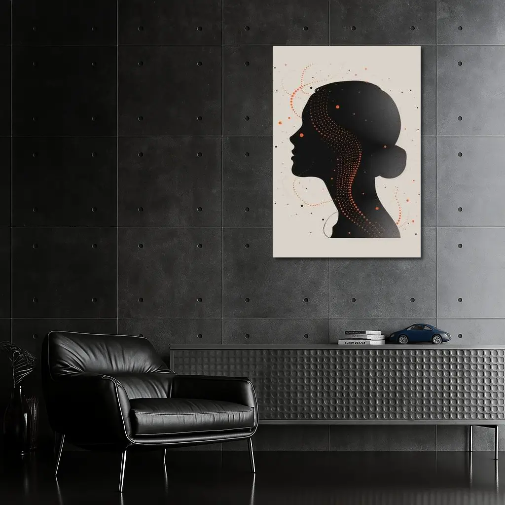 Black Female Silhouette Portrait Orange Dots Abstract – Wall Art