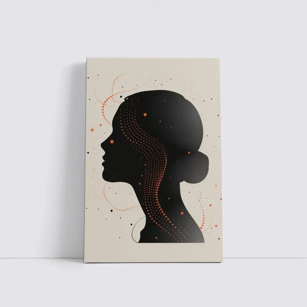 Black Female Silhouette Portrait Orange Dots Abstract – Wall Art