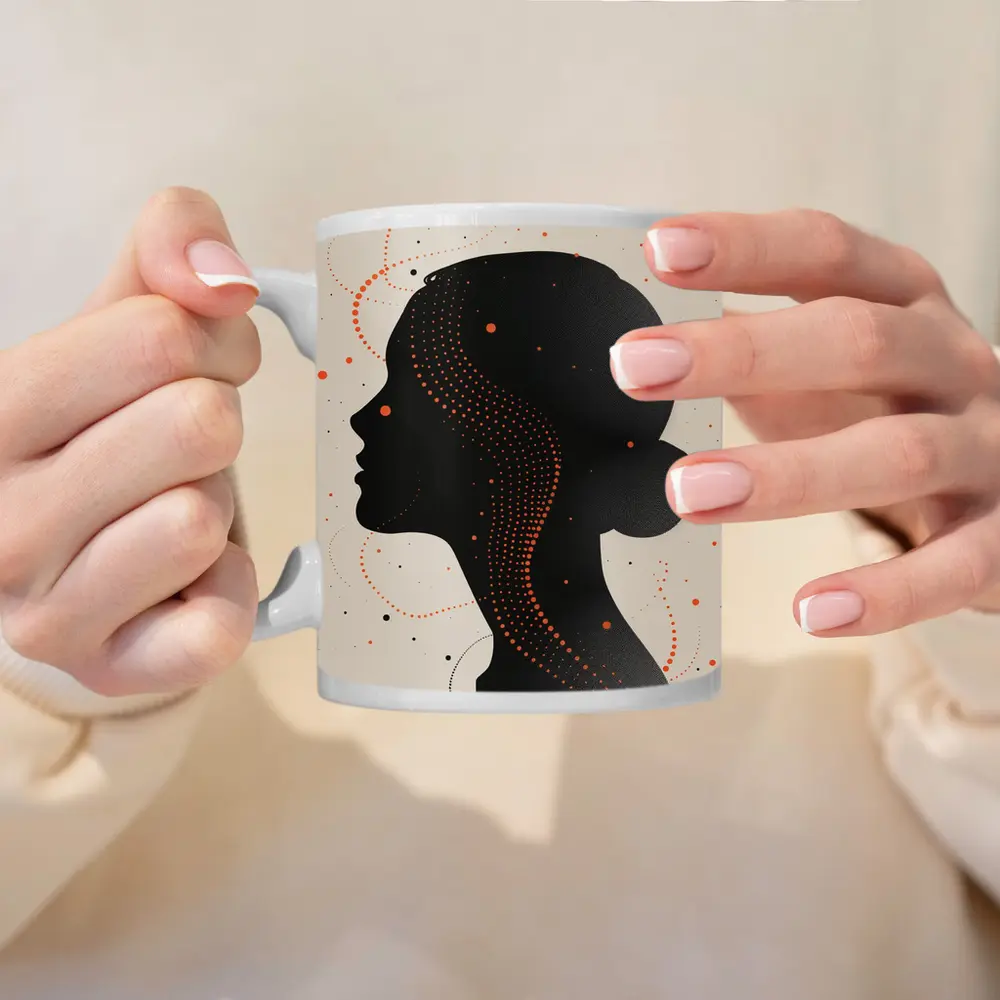 Black Female Silhouette Portrait Orange Dots Abstract – Mugs