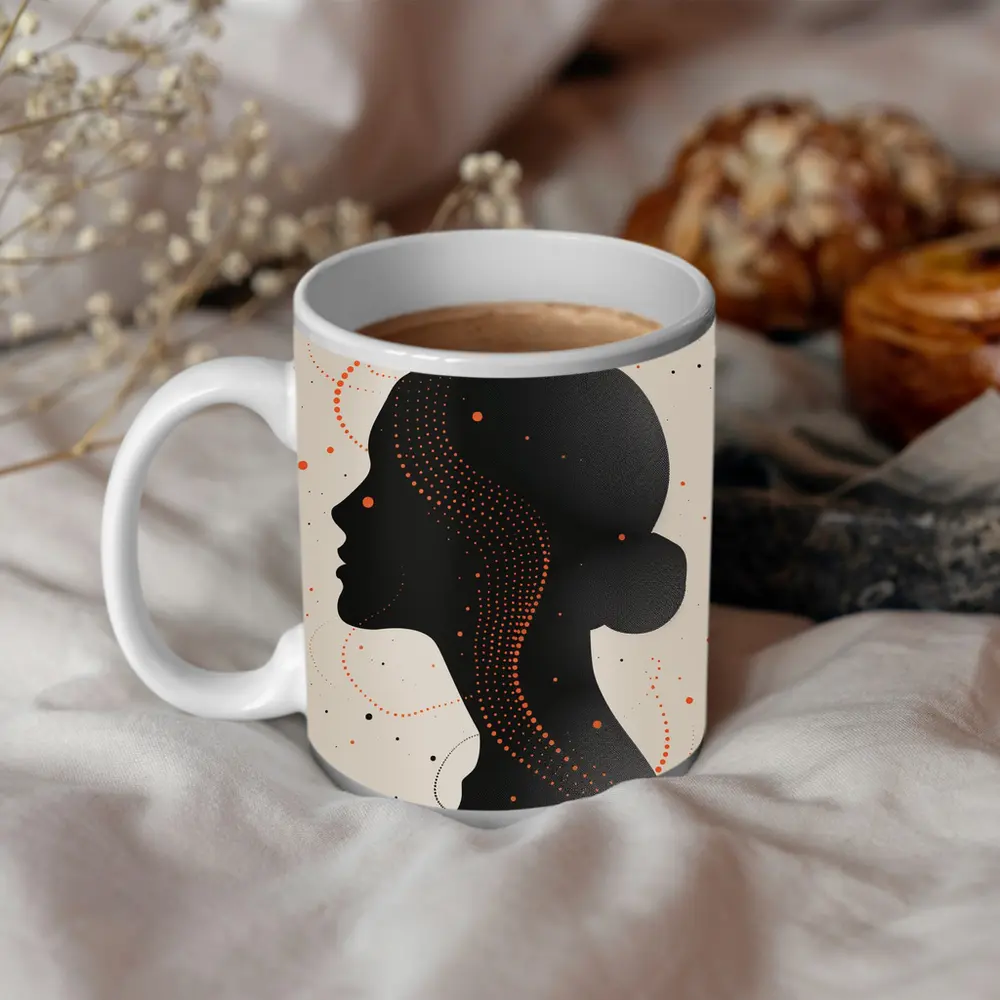 Black Female Silhouette Portrait Orange Dots Abstract – Mugs