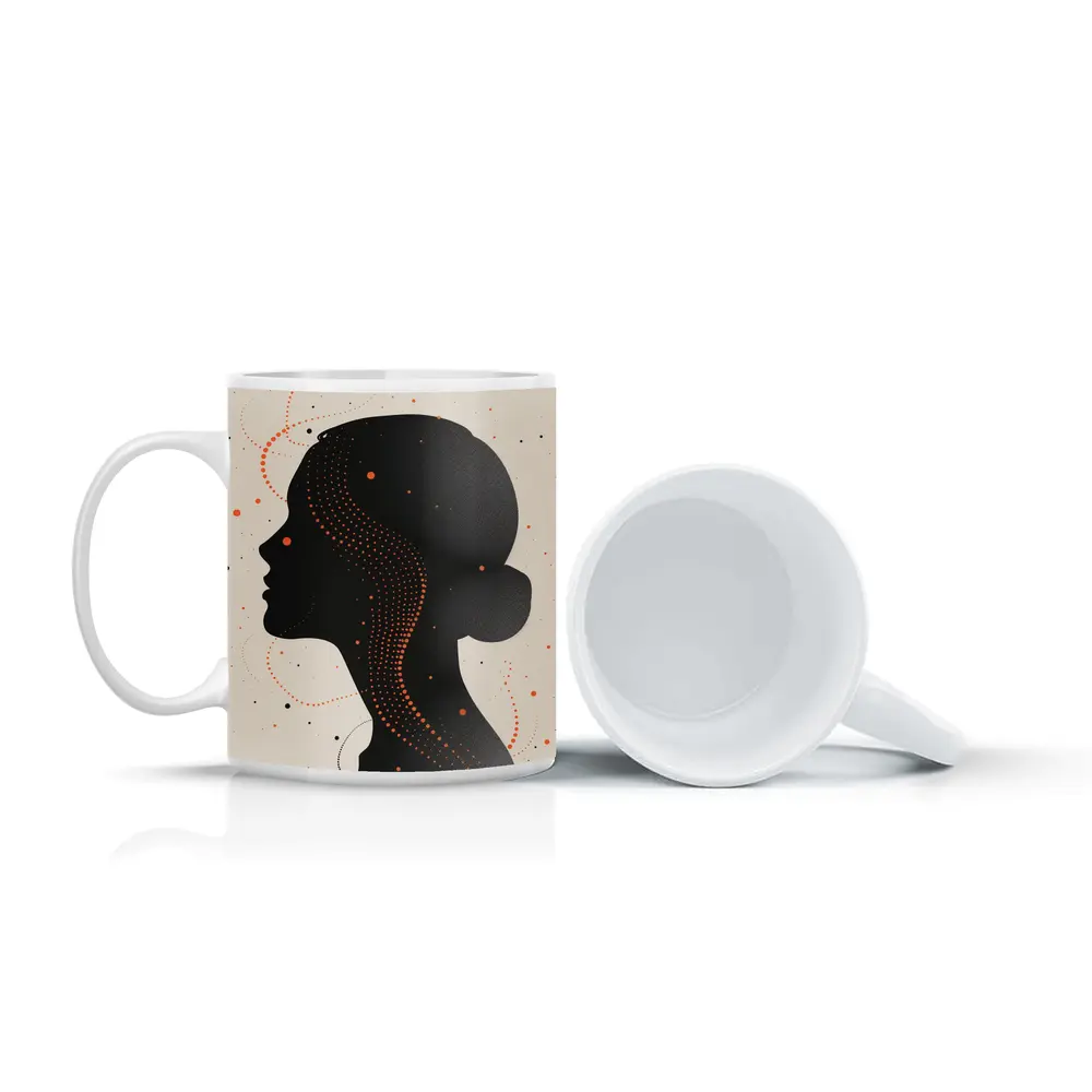 Black Female Silhouette Portrait Orange Dots Abstract – Mugs