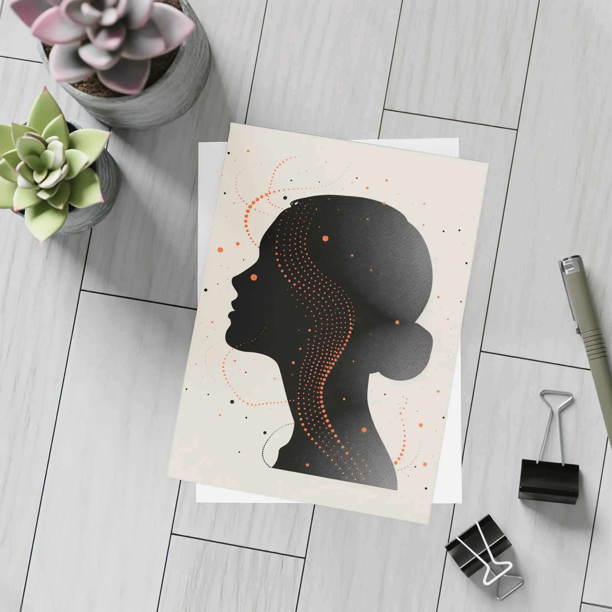 Black Female Silhouette Portrait Orange Dots Abstract – Postcards