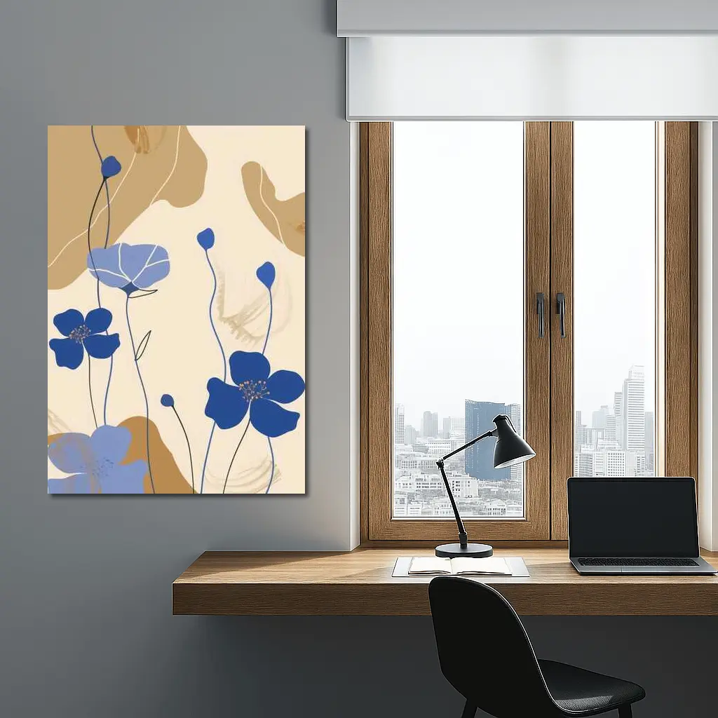 Blue Poppy Flowers Beige Abstract Botanical Art – Wall Art