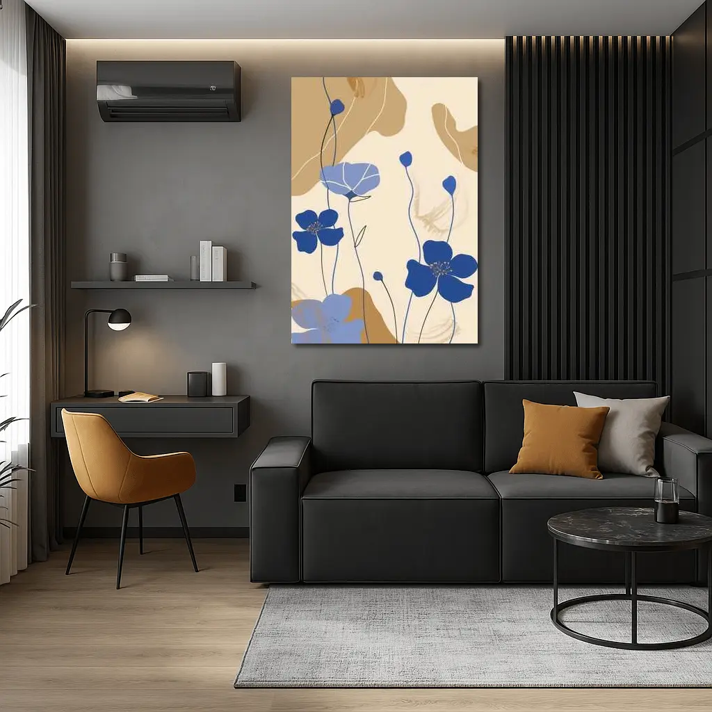 Blue Poppy Flowers Beige Abstract Botanical Art – Wall Art