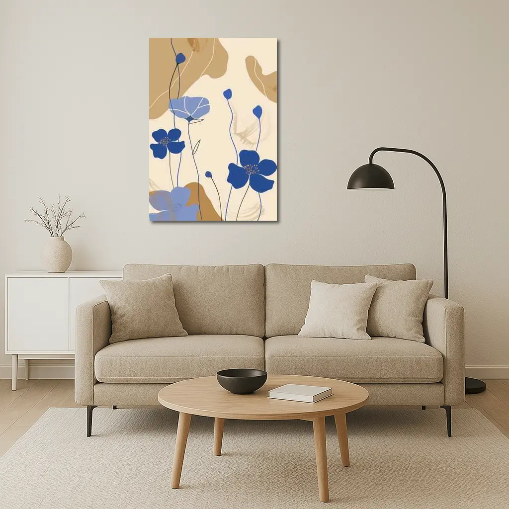 Blue Poppy Flowers Beige Abstract Botanical Art – Wall Art