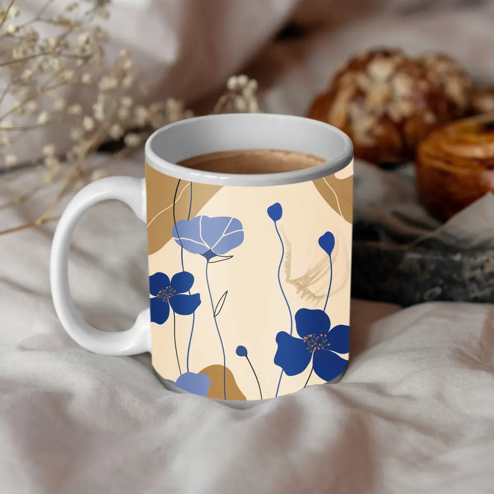 Blue Poppy Flowers Beige Abstract Botanical Art – Mugs