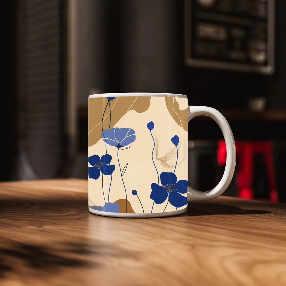 Blue Poppy Flowers Beige Abstract Botanical Art – Mugs