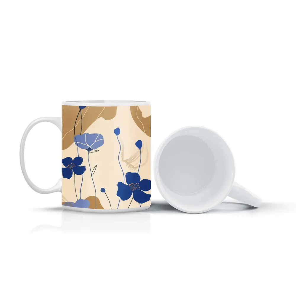 Blue Poppy Flowers Beige Abstract Botanical Art – Mugs