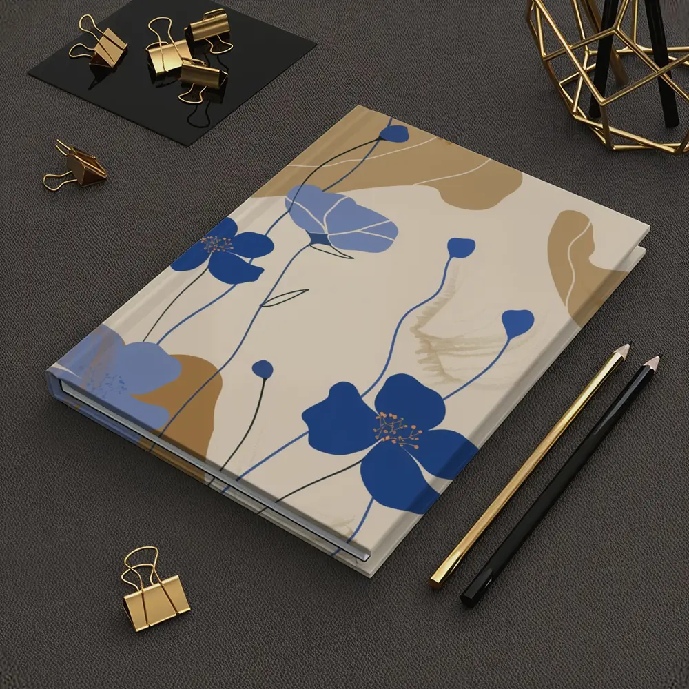Blue Poppy Flowers Beige Abstract Botanical Art – Notebooks