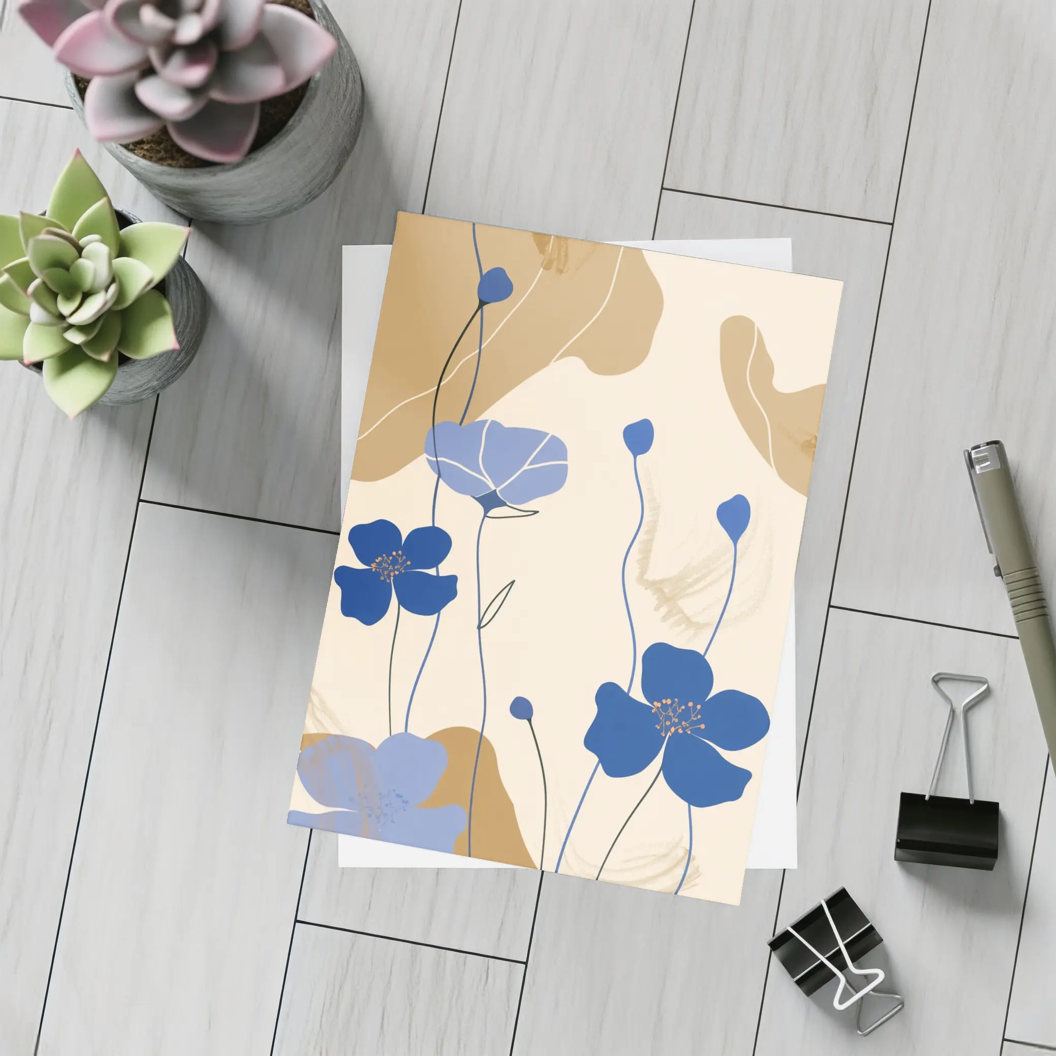 Blue Poppy Flowers Beige Abstract Botanical Art – Postcards