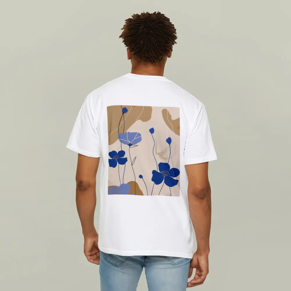 Blue Poppy Flowers Beige Abstract Botanical Art – T-Shirts